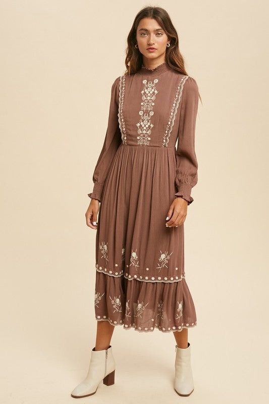 EMBROIDERED FOLKLORE MOCK NECK MIDI DRESS