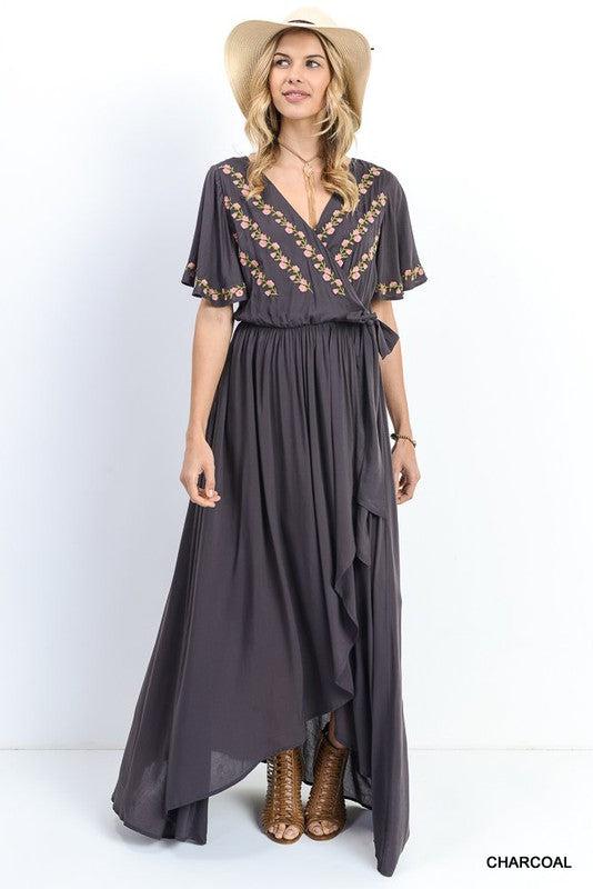 Driftwood Embroidered Maxi Dress in Charcoal