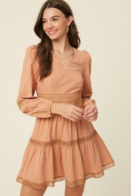 Textured Cotton V Neck Dress with Lace