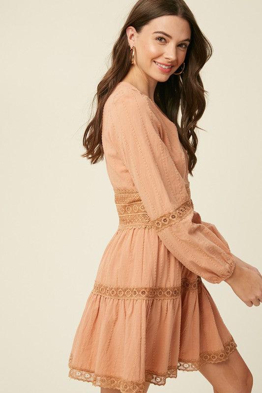 Textured Cotton V Neck Dress with Lace-Final Sale
