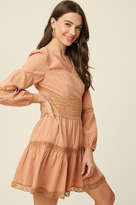 Textured Cotton V Neck Dress with Lace
