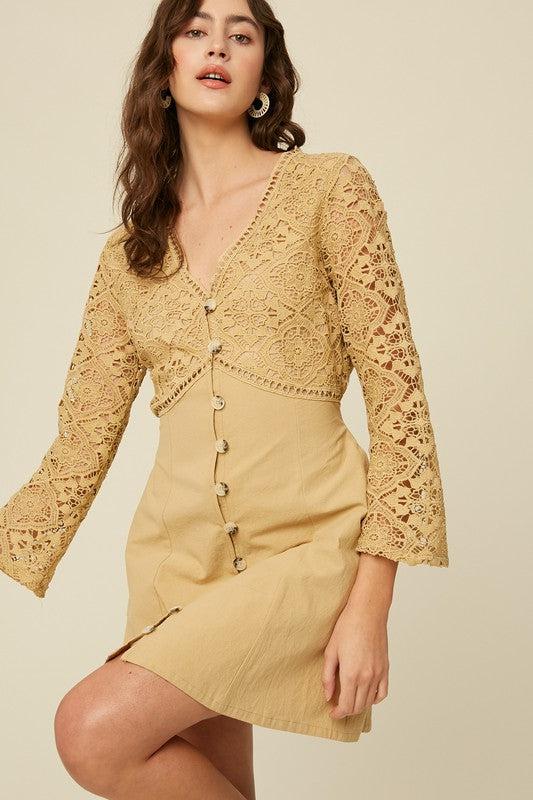 Crochet Lace V Neck Button Down Dress-Final Sale