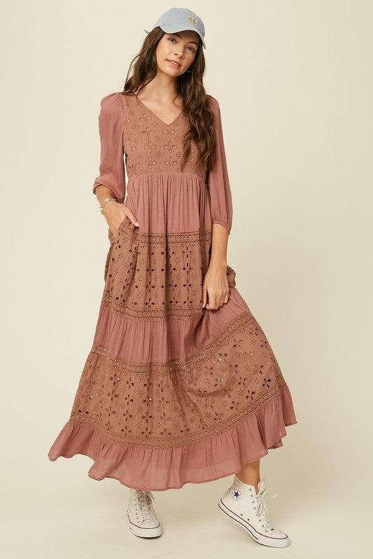 Moonbeam Textured & Embroidered Dress in Dusty Rose