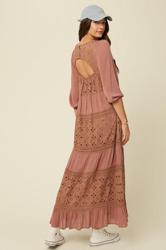 Moonbeam Textured & Embroidered Dress in Dusty Rose