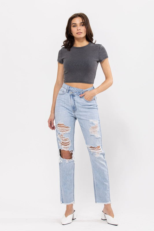 Relaxed 90's Inspired Overlapping Button Denim Jeans - Cello