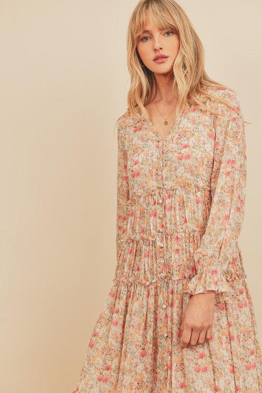 Floral Button Down Tiered Dress- Final Sale