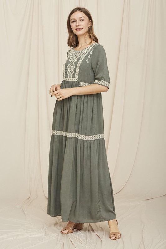 Chelsea Ever Green Embroidered Maxi Dress