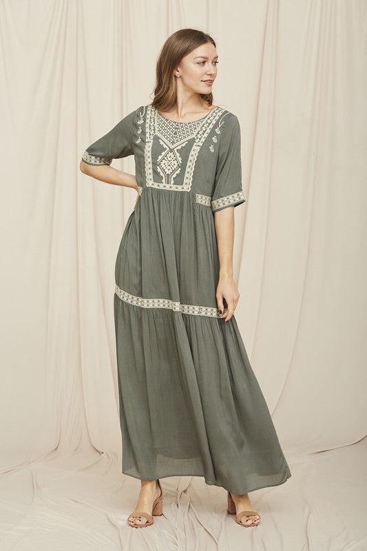 Chelsea Ever Green Embroidered Maxi Dress