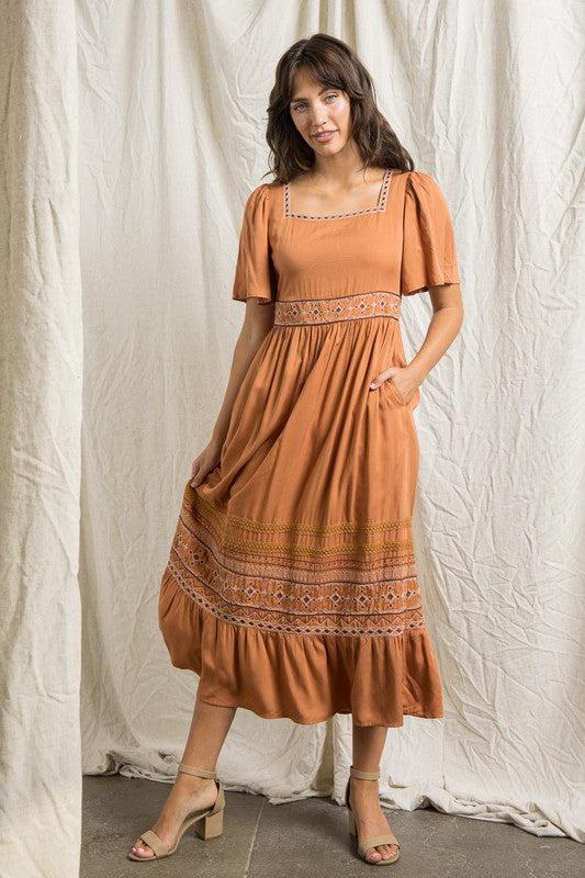 Lula Square Neck Embroidered Midi Dress