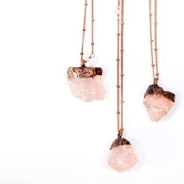 Rose Quartz Electroformed Crystal Necklace - Copper Satellite Chain - by HAWKHOUSE