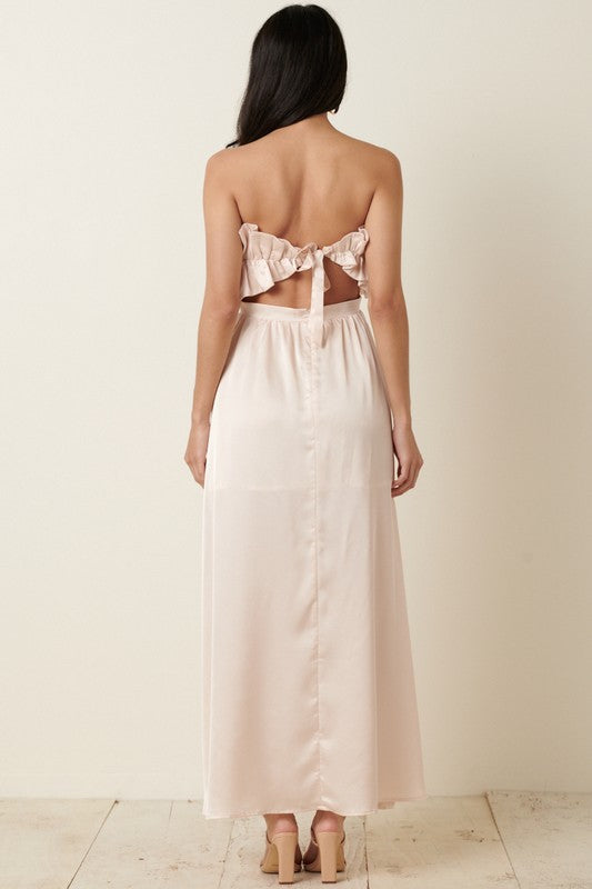 SATIN RUFFLE BUST WITH TIE BACK MAXI DRESS