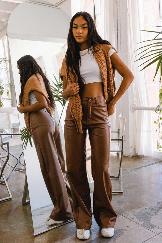 Cognac Faux Leather Pants – FashionFunPop