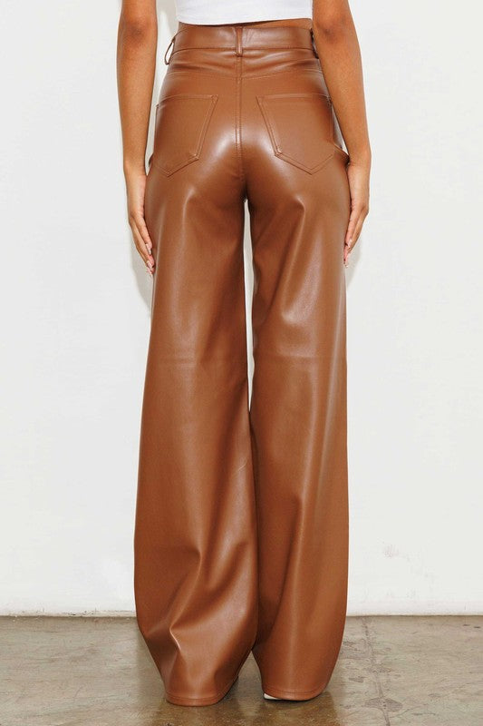 Cognac Faux Leather Wide Leg Pants - Vibrant MIU - Final Sale