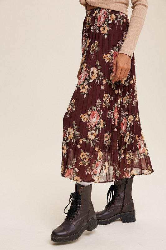 Floral Print Pleated Chiffon Maxi Skirt