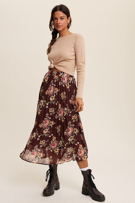 Floral Print Pleated Chiffon Maxi Skirt