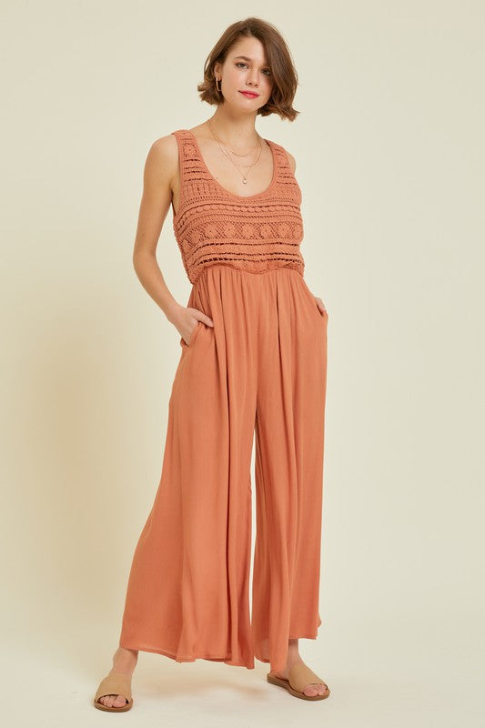 Final Sale - CROCHET-TRIMMED GAUZE JUMPSUIT in Tangerine (Size S-L)