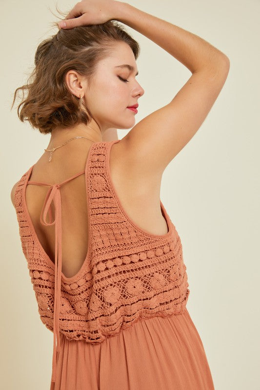 Final Sale - CROCHET-TRIMMED GAUZE JUMPSUIT in Tangerine (Size S-L)