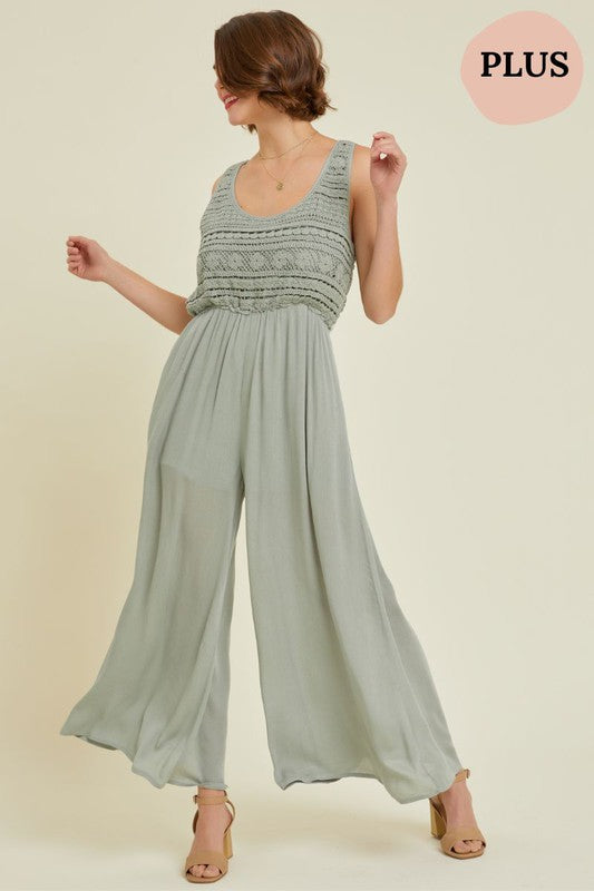 Final Sale - CROCHET-TRIMMED GAUZE JUMPSUIT in Dusty Sage (PLUS/EXTENDED SIZES/1XL-3XL)