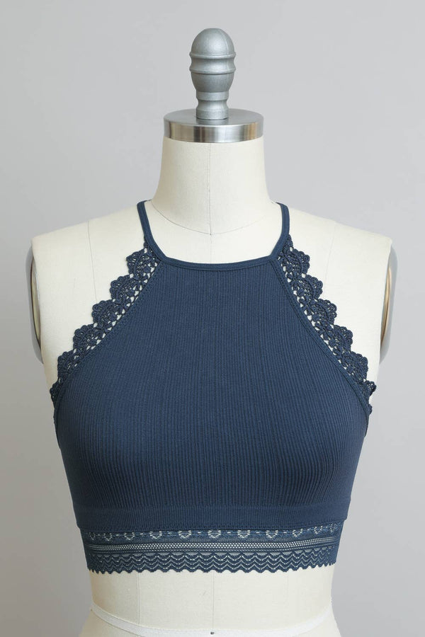 High Neck Crochet Lace Trim Bralette: Gray Blue