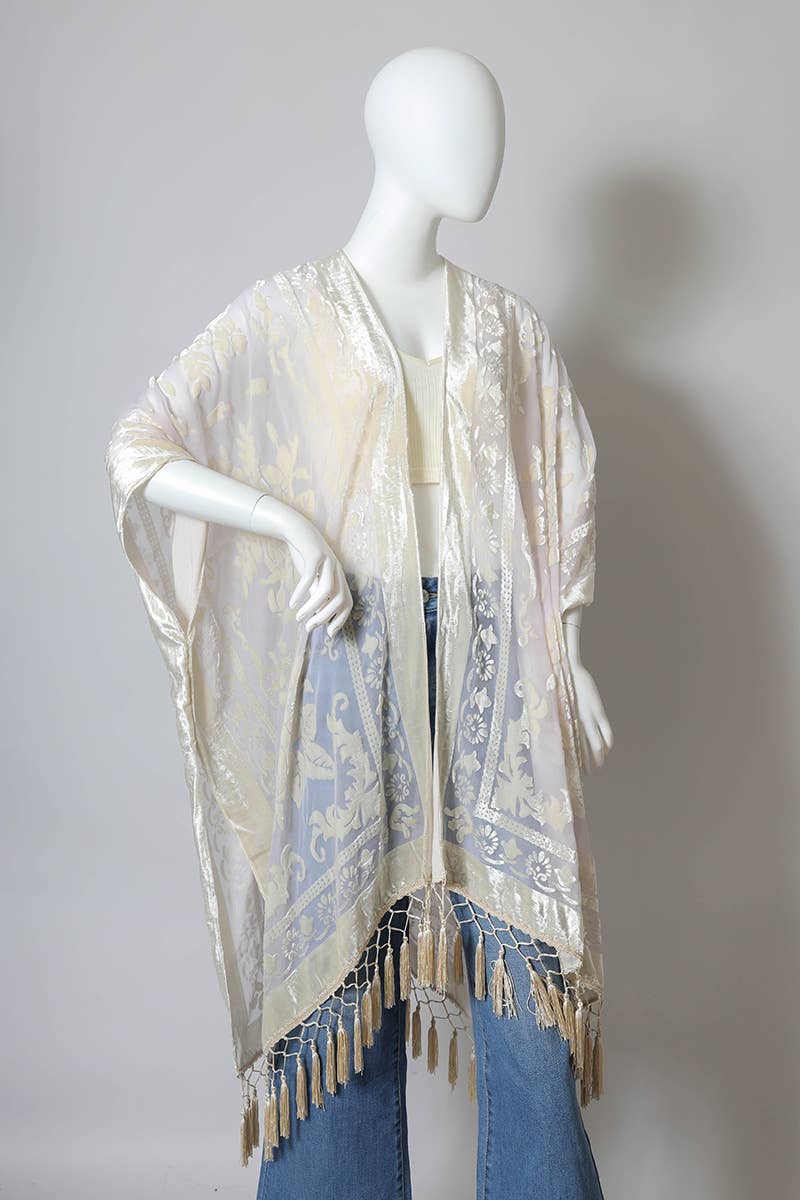 Velvet Mesh Tapestry Tassel Kimono in Nude - One Size