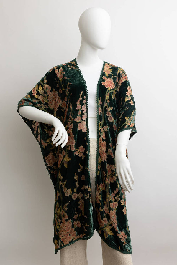 Velvet Blossom Longline Kimono w/ Cinched Armholes in Olive - One Size