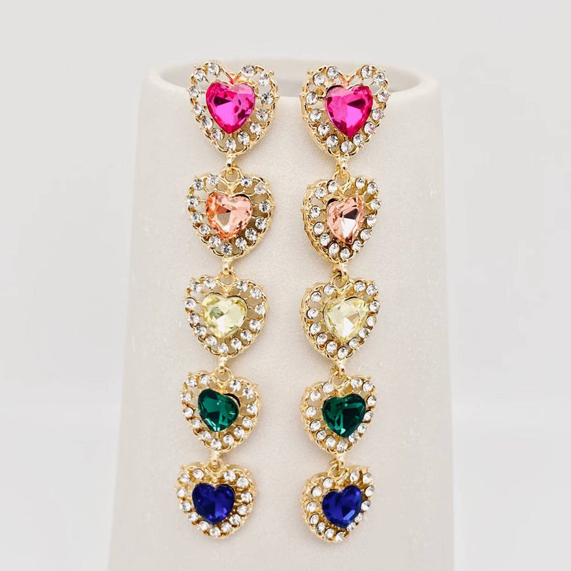 Inlaid Rhinestone Glass Heart-shaped Tassel Stud Earrings: Colored