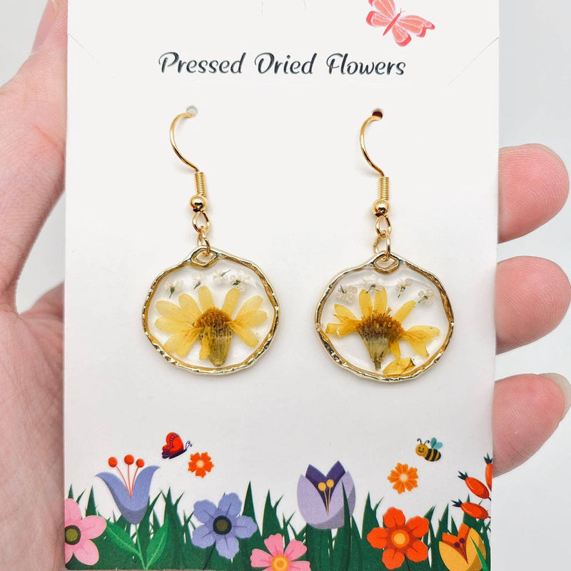 Chrysanthemum Genuine Pressed Dried Flower Dangle Earrings