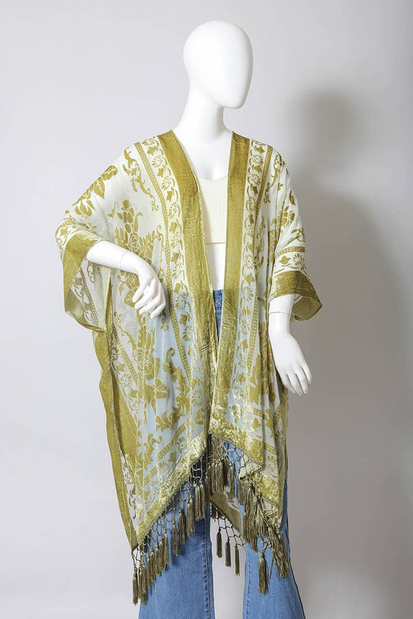Velvet Mesh Tapestry Tassel Kimono in Mustard - (One size)