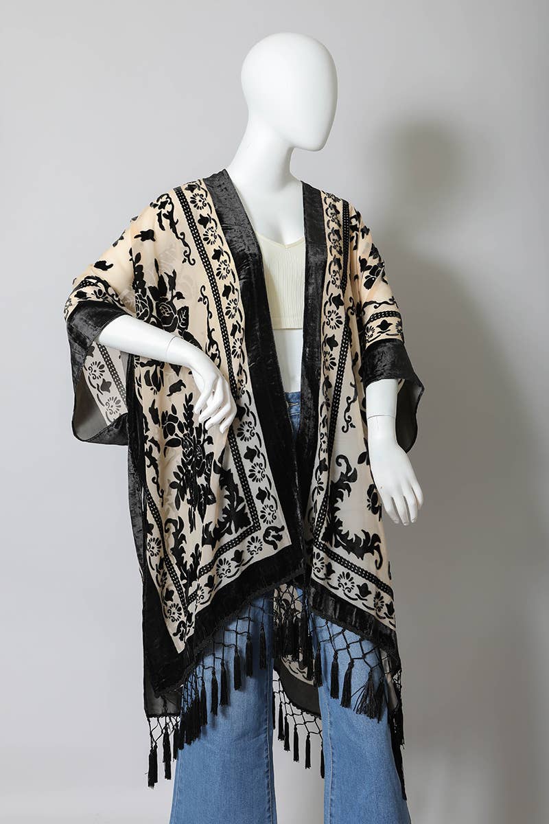 Velvet Mesh Tapestry Tassel Kimono in Black - One Size