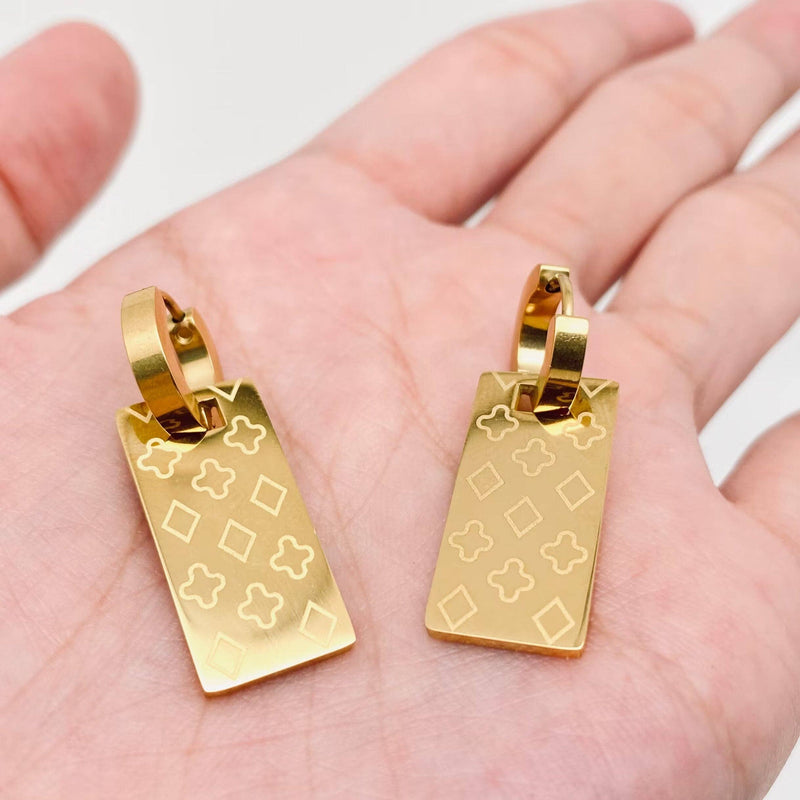 Rectangular Printed Pattern 18K Gold Plated Huggie Earrings