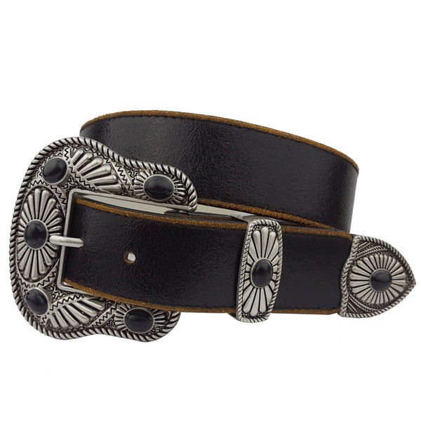 Vintage Leather belt with Western Buckle Set - Black w. Black stone