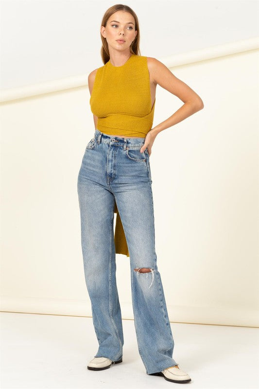 KNOTTED AFFAIR TIE-FRONT CROP SWEATER TOP in Mustard