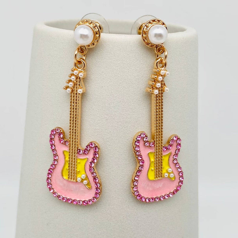 Pink Rhinestone Enamel Guitar Post Earrings