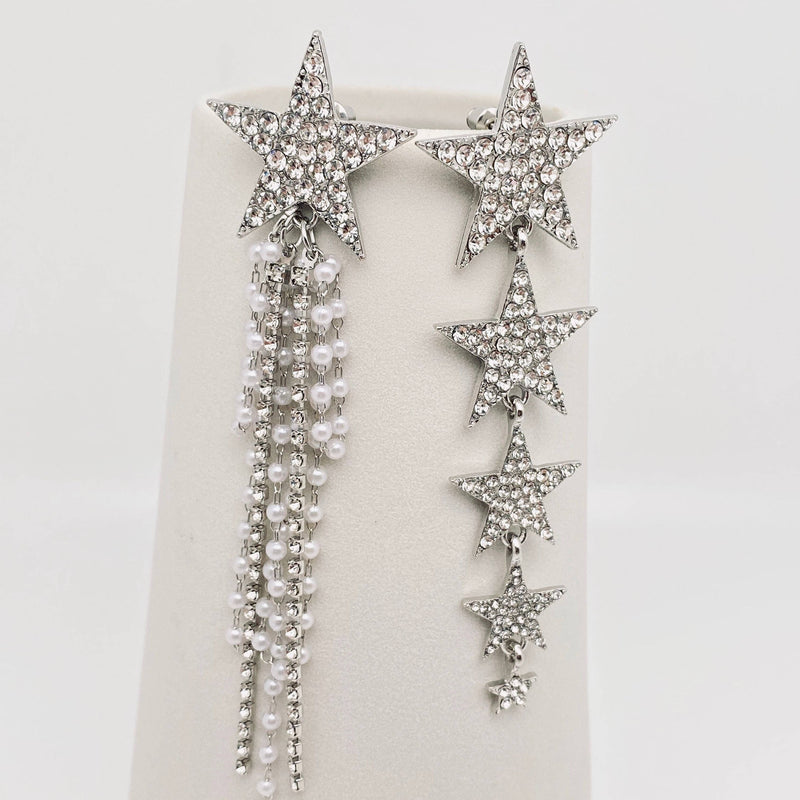 Silver Asymmetric Rhinestone Five-pointed Star Long Pearl Tassel Earrings