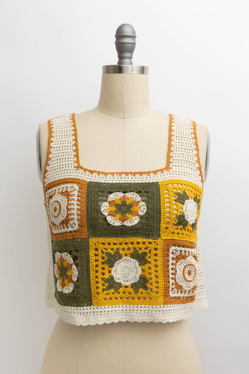 Floral Mosaic Embroidered Crochet Top: Mustard Combo
