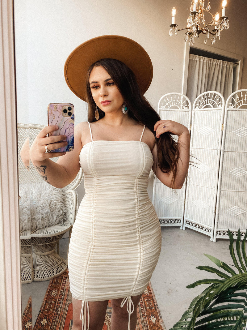 Ruched Mesh Bodycon Dress in Cream-Final Sale