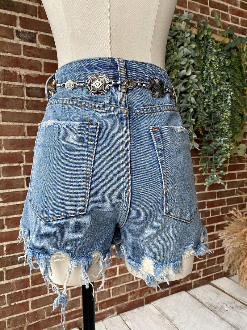 To The Moon High Waisted Denim Shorts (Light Wash)