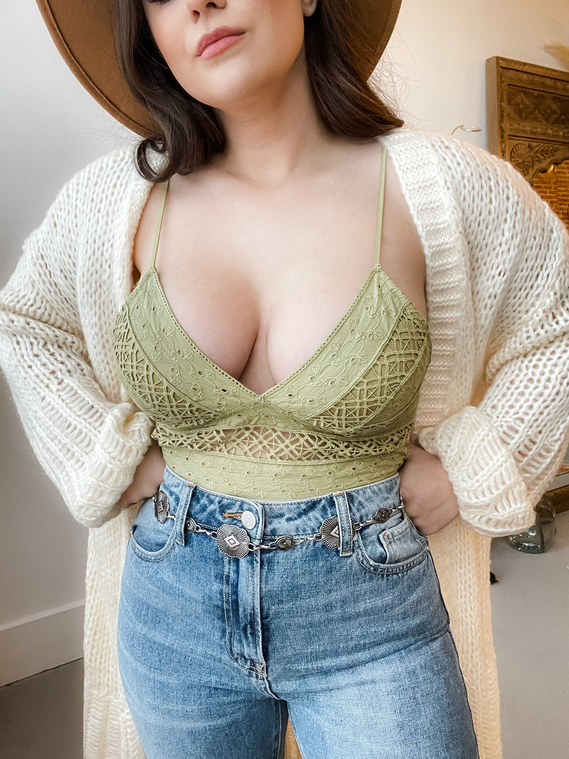 Embroidered Eyelet Lace Bralette in Green Mustard  - Final Sale