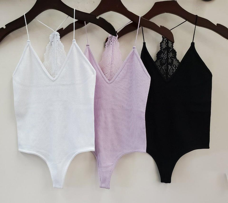 Lace Detail Skinny Strap Bodysuit (White, Lavender & Black available!)-Final Sale