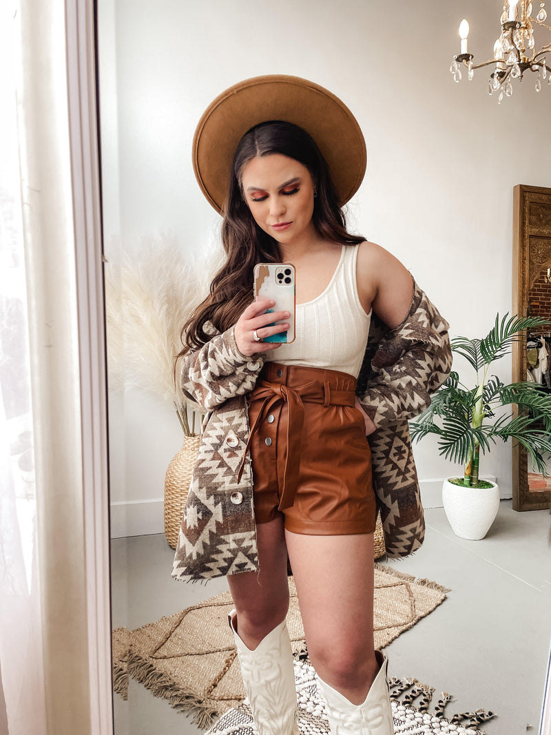 High Waisted Faux Leather Button Up Shorts in Camel