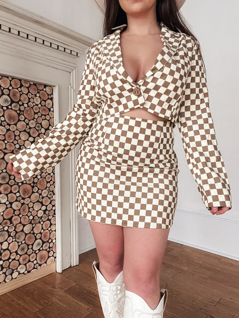 Checkered Print Cropped Blazer Jacket & Skirt Set - Final Sale