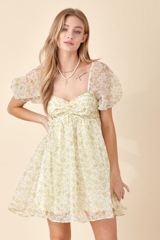 Floral Babydoll Mini Dress in Olive