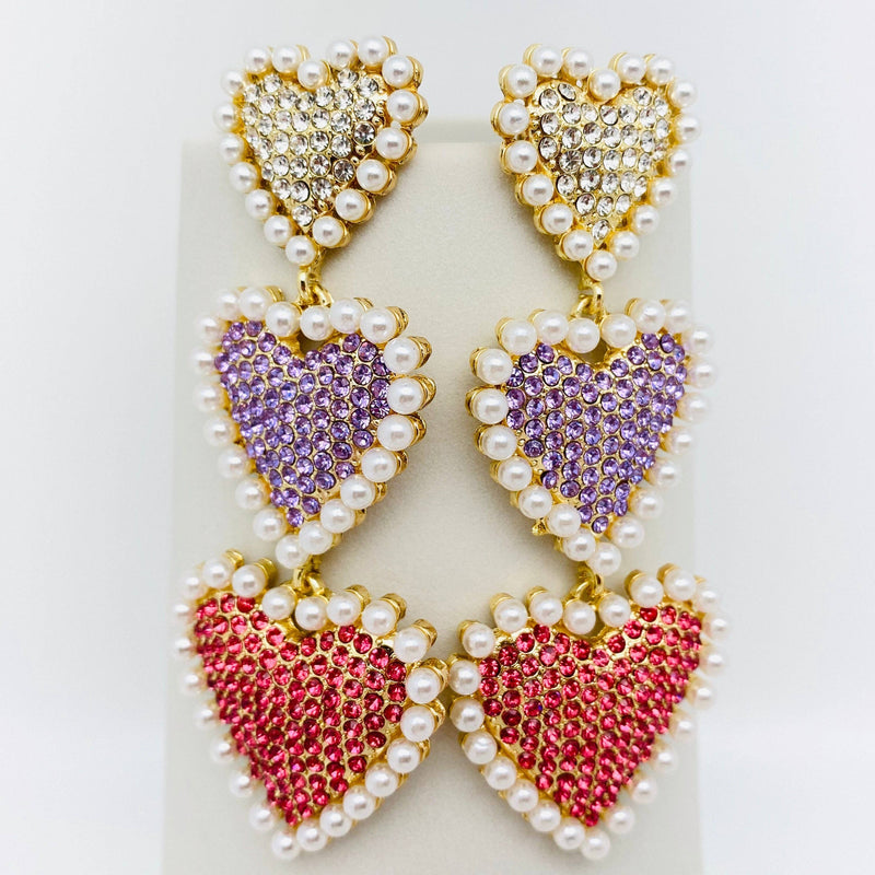 Colorful Rhinestone Pearl 3 Heart-shaped Earrings: Pink heart