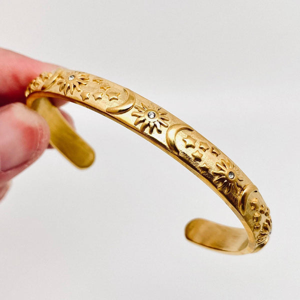18K Gold Plated Stainless Steel Star Moon Sun Cuff Bangle