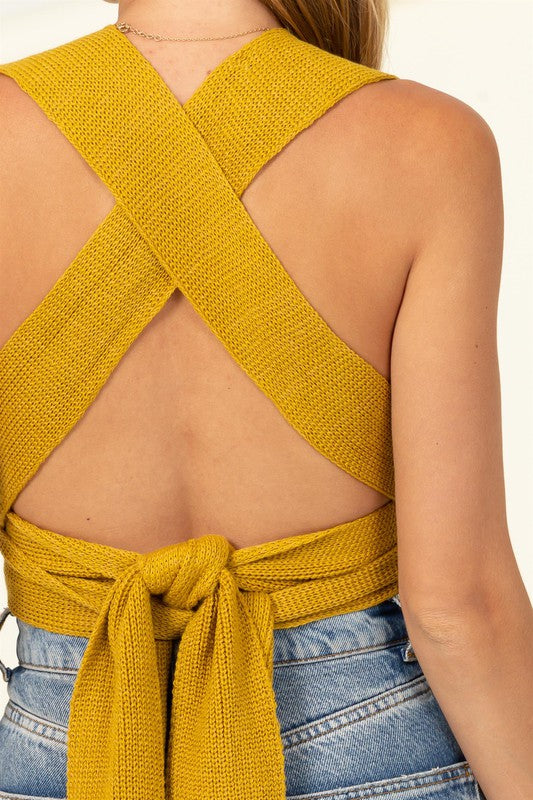 KNOTTED AFFAIR TIE-FRONT CROP SWEATER TOP in Mustard - final sale