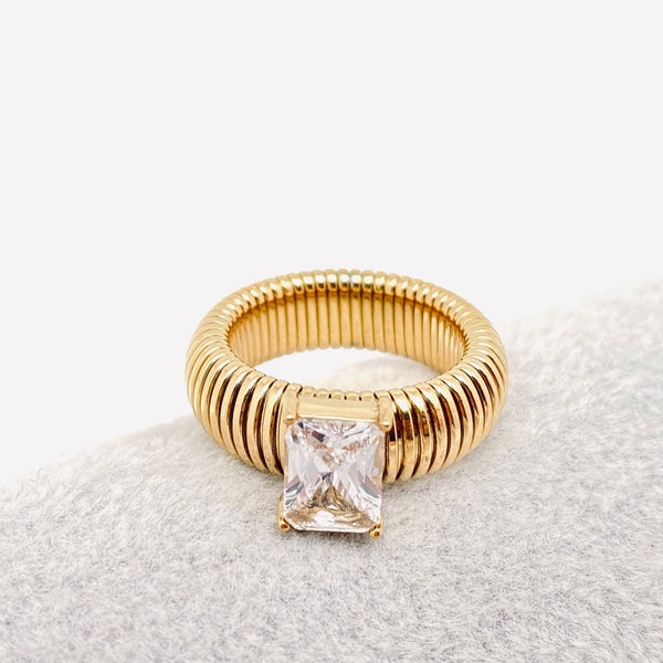 Cubic Zirconia 18K Gold Plated Stainless Steel Striped Rings: 8 / White