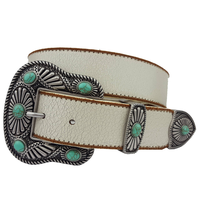 Vintage Leather belt with Western Buckle Set - White w. Blue Stone
