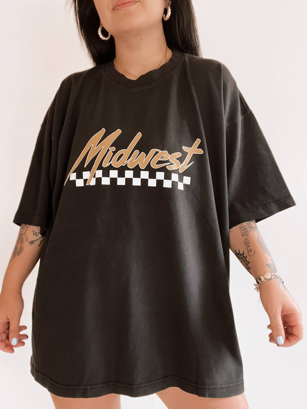 Midwest Checkered Grunge Boho Womens Graphic Tee - Black (S-XL)