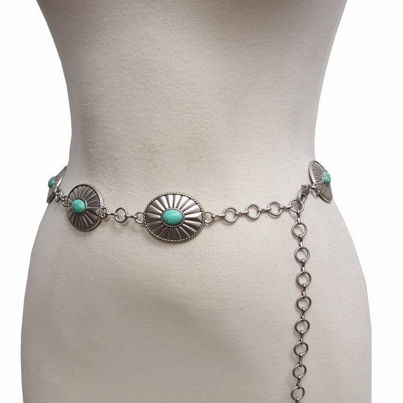 Western Oval Concho Chain belt with stones: Silver