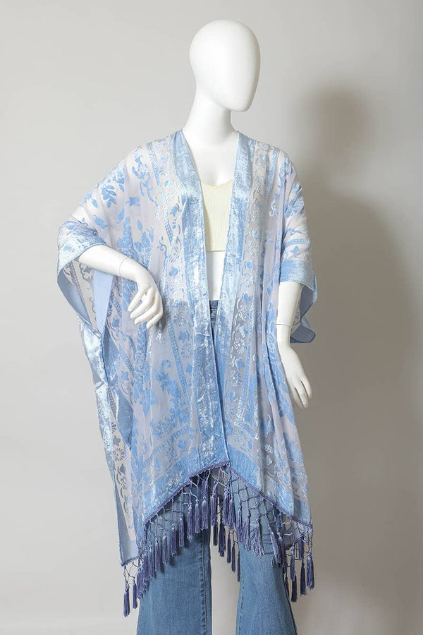 Velvet Mesh Tapestry Tassel Kimono in Periwinkle - One Size